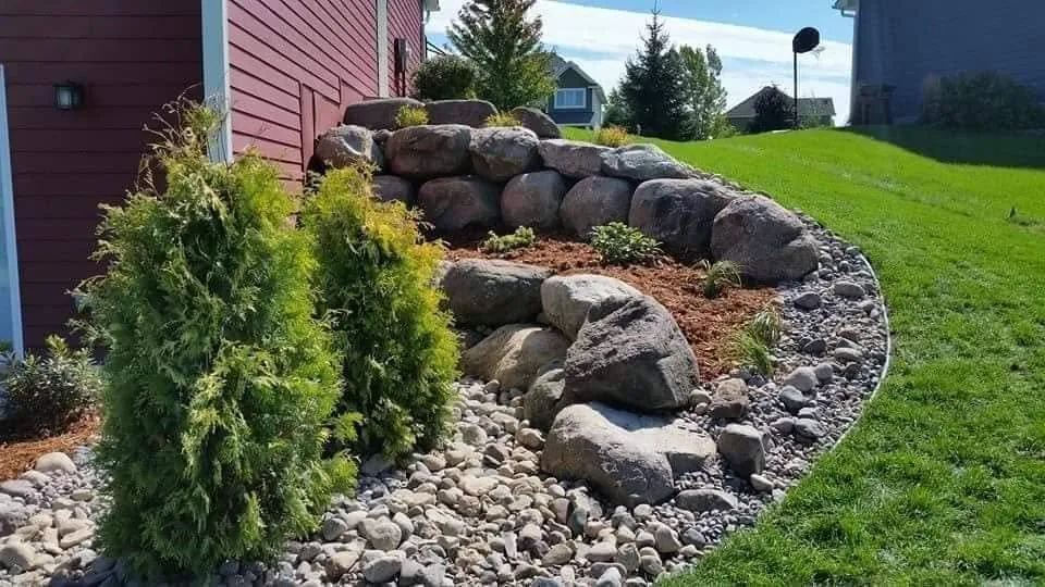 Boulder landscape feature and ornamental planting beside a home